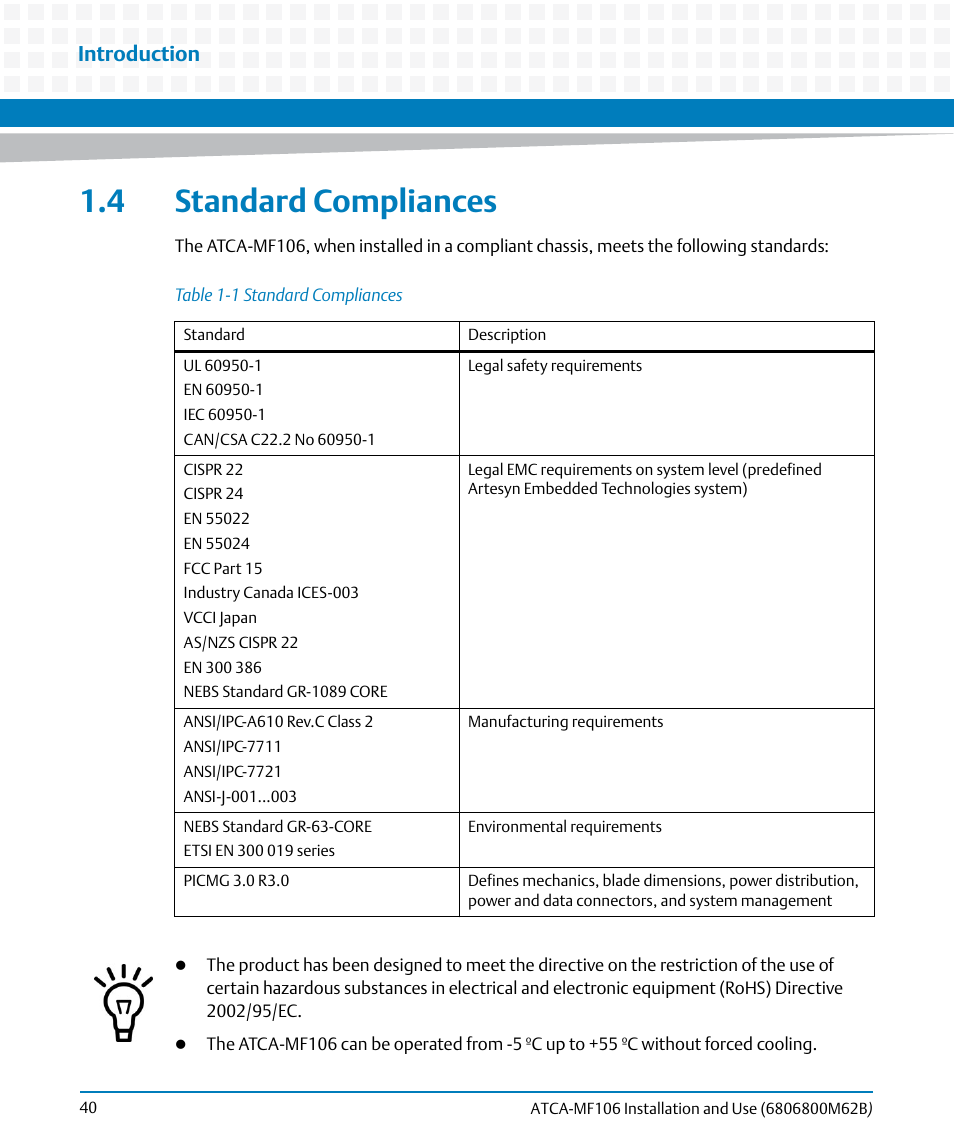 4 standard compliances, Table 1-1, Standard compliances | Introduction | Artesyn ATCA-MF106 Installation and Use (September 2014) User Manual | Page 40 / 86