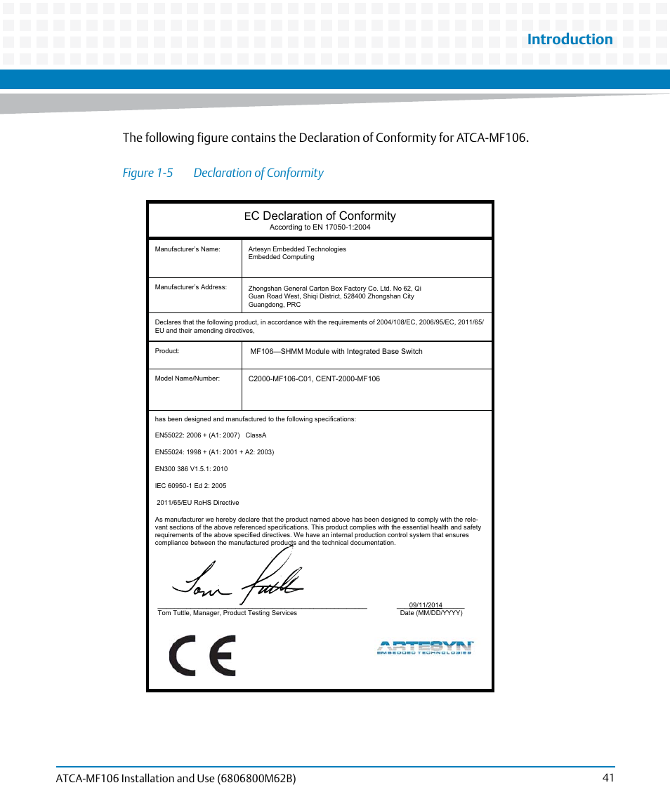 Figure 1-5, Declaration of conformity, Introduction | C declaration of conformity | Artesyn ATCA-MF106 Installation and Use (September 2014) User Manual | Page 41 / 86
