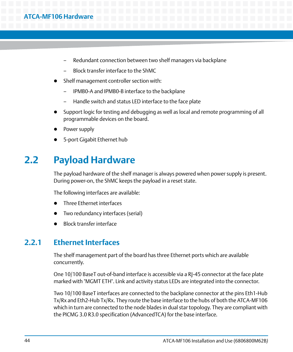 2 payload hardware, 1 ethernet interfaces | Artesyn ATCA-MF106 Installation and Use (September 2014) User Manual | Page 44 / 86