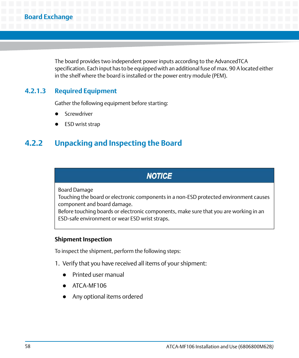 3 required equipment, 2 unpacking and inspecting the board | Artesyn ATCA-MF106 Installation and Use (September 2014) User Manual | Page 58 / 86