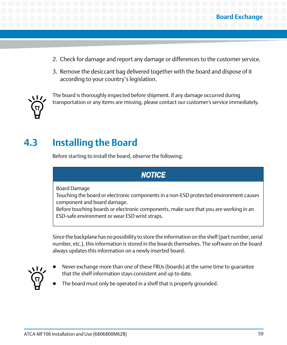3 installing the board | Artesyn ATCA-MF106 Installation and Use (September 2014) User Manual | Page 59 / 86