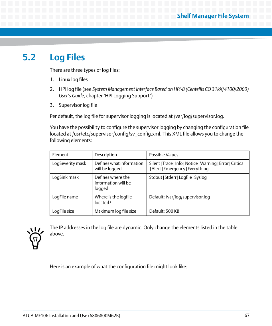2 log files, Shelf manager file system | Artesyn ATCA-MF106 Installation and Use (September 2014) User Manual | Page 67 / 86