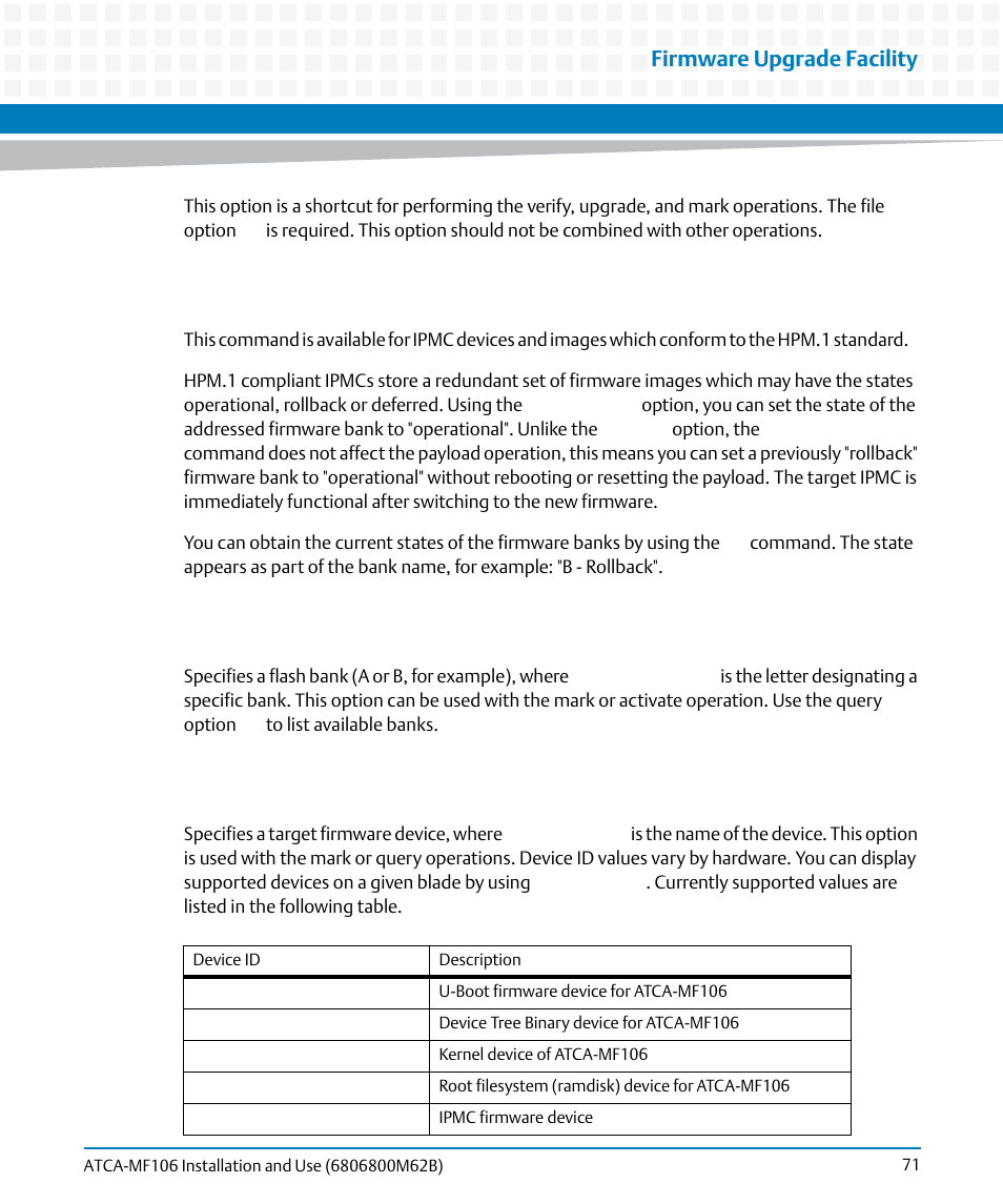 Firmware upgrade facility | Artesyn ATCA-MF106 Installation and Use (September 2014) User Manual | Page 71 / 86
