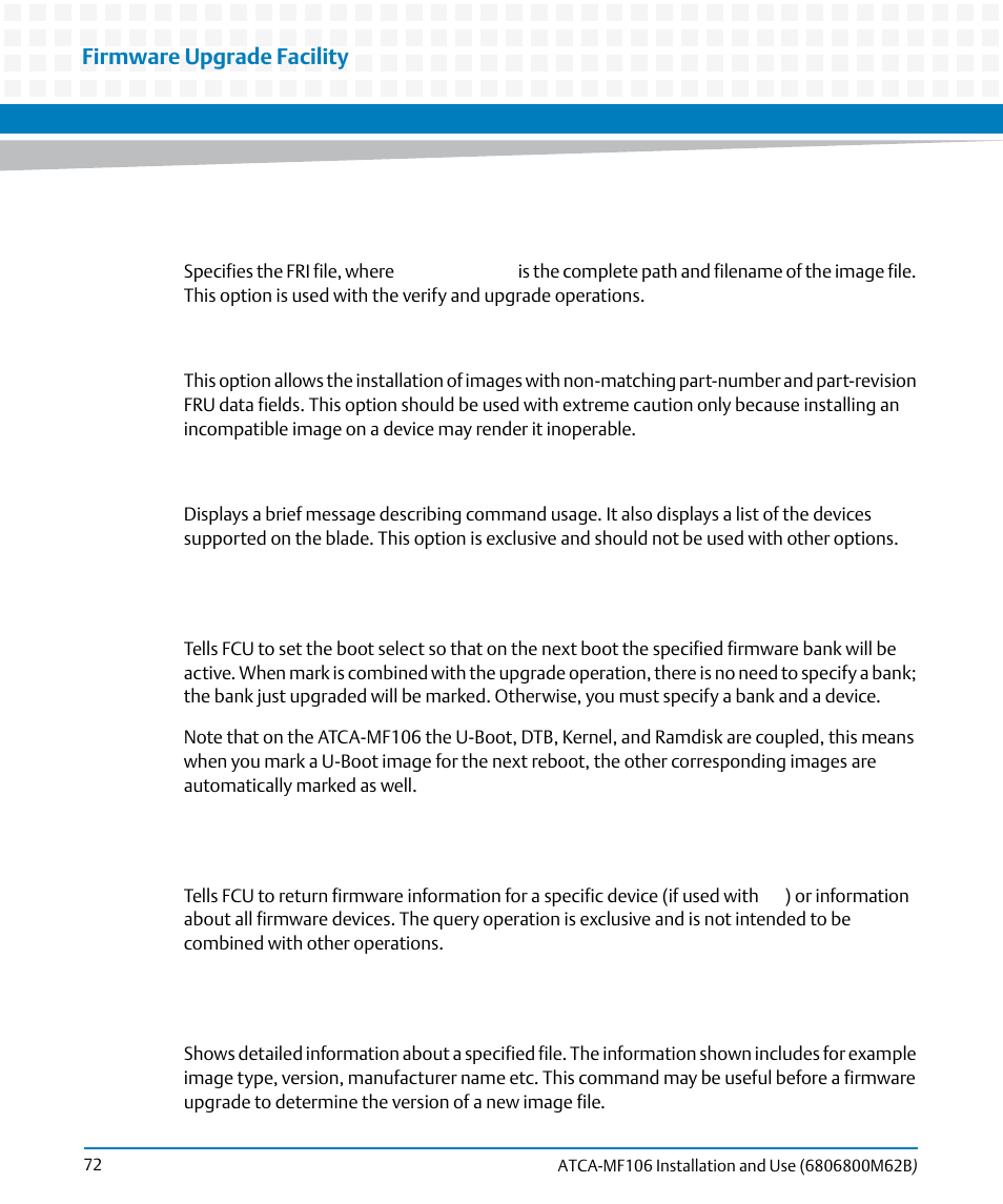 Firmware upgrade facility | Artesyn ATCA-MF106 Installation and Use (September 2014) User Manual | Page 72 / 86