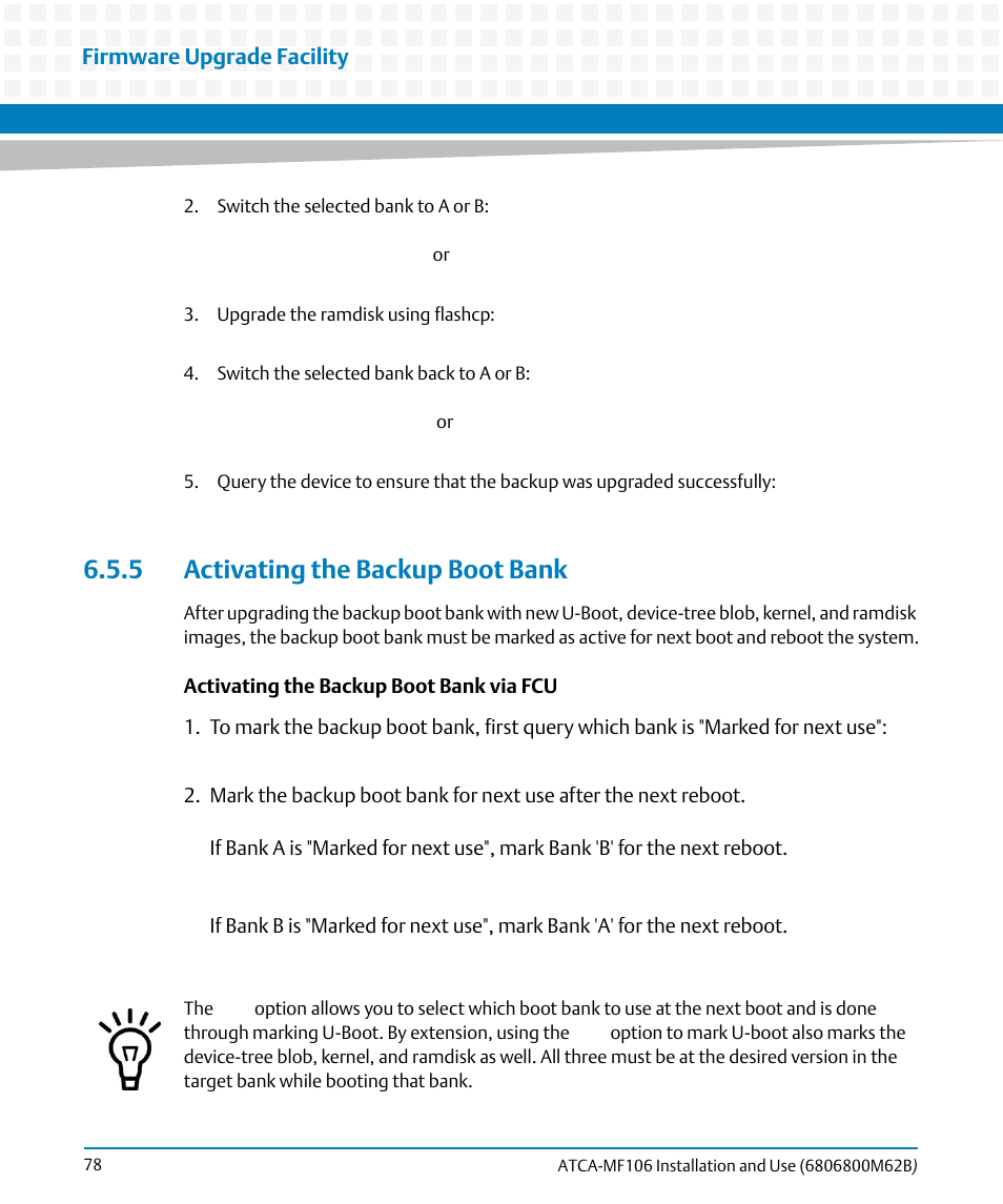 5 activating the backup boot bank | Artesyn ATCA-MF106 Installation and Use (September 2014) User Manual | Page 78 / 86