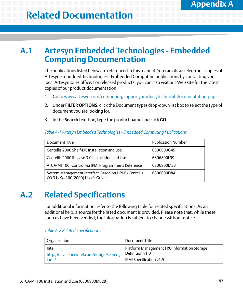 A related documentation, A.2 related specifications, Table a-1 | Table a-2, Related specifications, Related documentation, Lists re, Appendix a | Artesyn ATCA-MF106 Installation and Use (September 2014) User Manual | Page 83 / 86