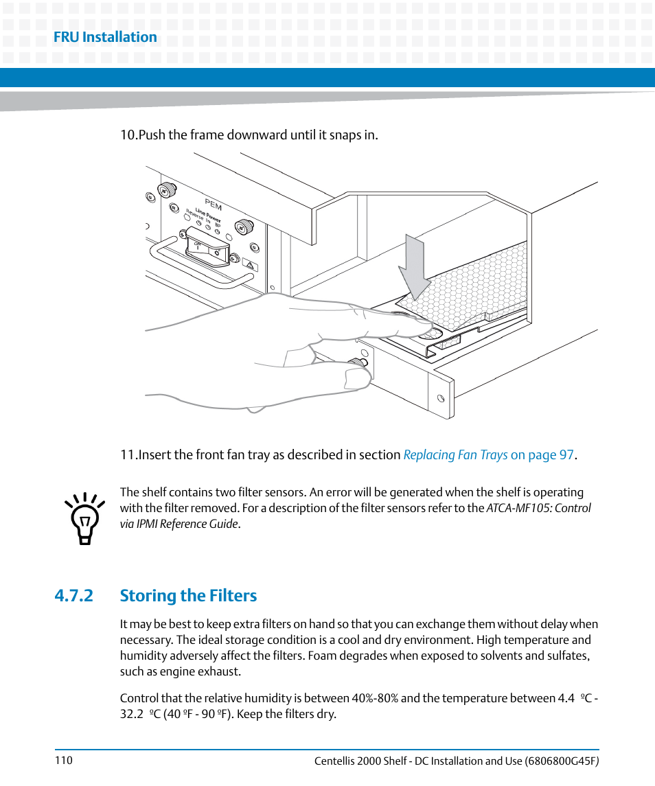 2 storing the filters | Artesyn Centellis 2000 Shelf - DC Installation and Use (June 2014) User Manual | Page 110 / 176