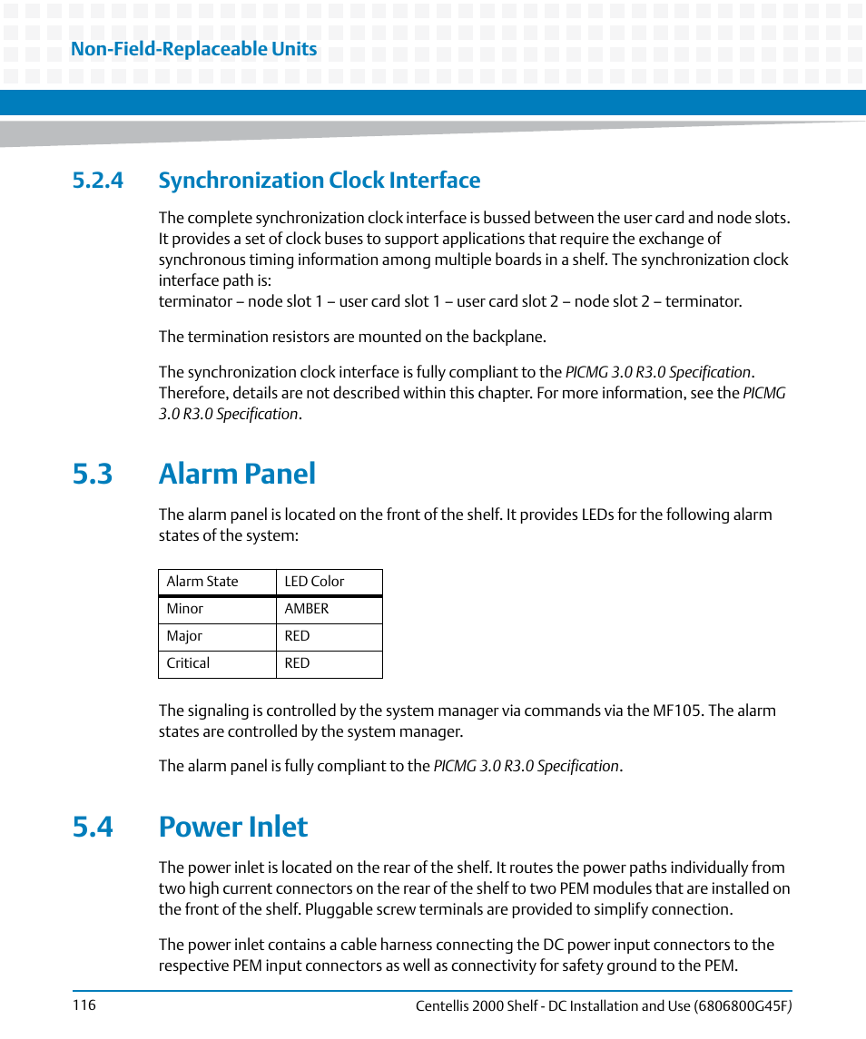 4 synchronization clock interface, 3 alarm panel, 4 power inlet | Artesyn Centellis 2000 Shelf - DC Installation and Use (June 2014) User Manual | Page 116 / 176