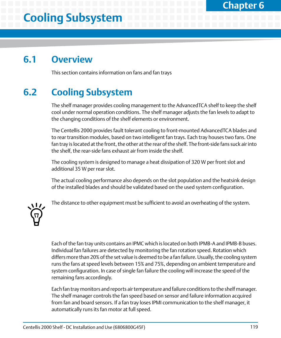 Cooling subsystem, 1 overview, 2 cooling subsystem | 1 overview 6.2 cooling subsystem, Chapter 6 | Artesyn Centellis 2000 Shelf - DC Installation and Use (June 2014) User Manual | Page 119 / 176