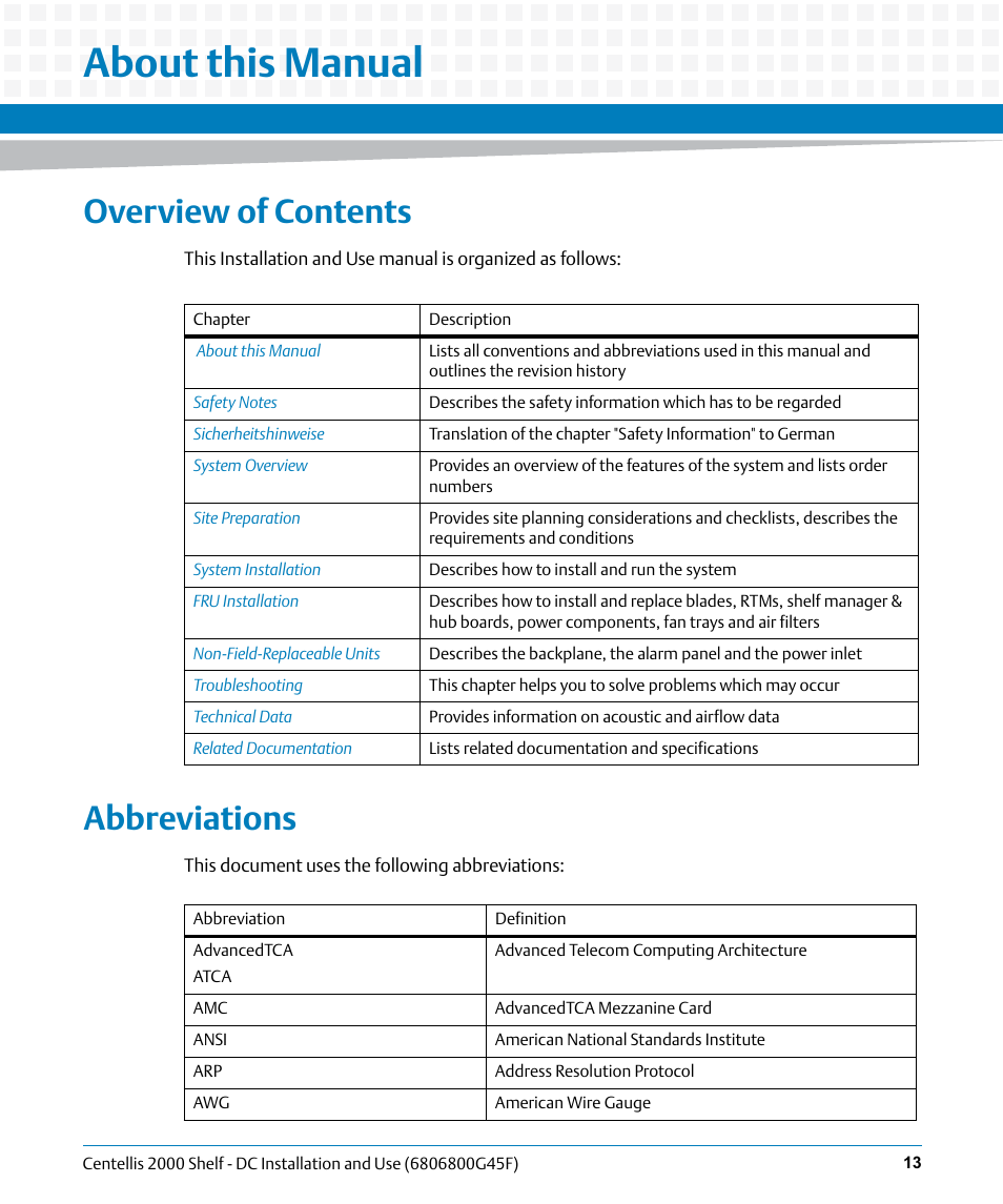 About this manual, Overview of contents, Abbreviations | Artesyn Centellis 2000 Shelf - DC Installation and Use (June 2014) User Manual | Page 13 / 176