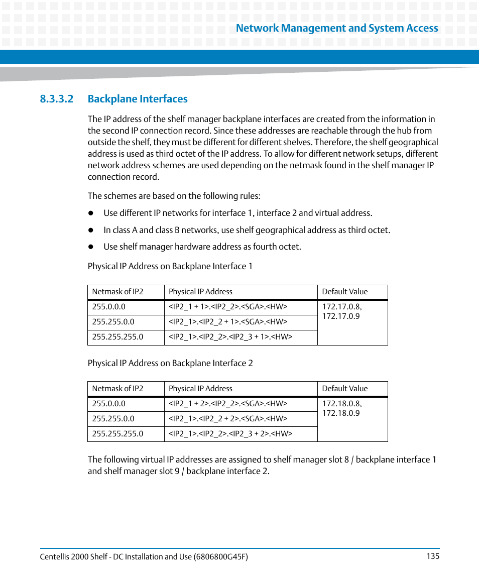 2 backplane interfaces, Network management and system access | Artesyn Centellis 2000 Shelf - DC Installation and Use (June 2014) User Manual | Page 135 / 176