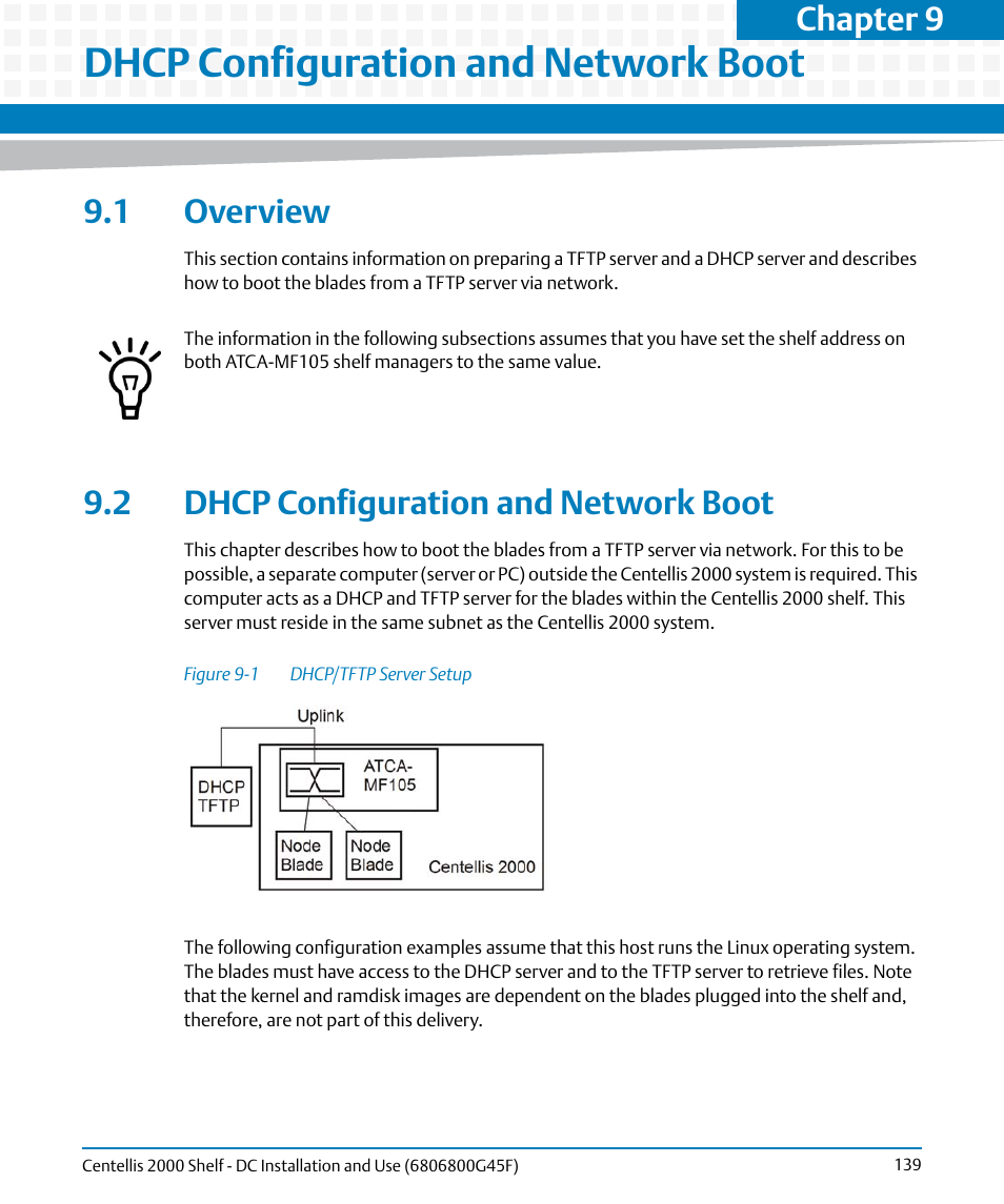 Dhcp configuration and network boot, 1 overview, 2 dhcp configuration and network boot | 1 overview 9.2 dhcp configuration and network boot, Figure 9-1, Dhcp/tftp server setup, Chapter 9 | Artesyn Centellis 2000 Shelf - DC Installation and Use (June 2014) User Manual | Page 139 / 176