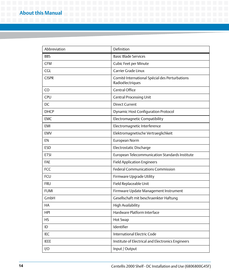 About this manual | Artesyn Centellis 2000 Shelf - DC Installation and Use (June 2014) User Manual | Page 14 / 176