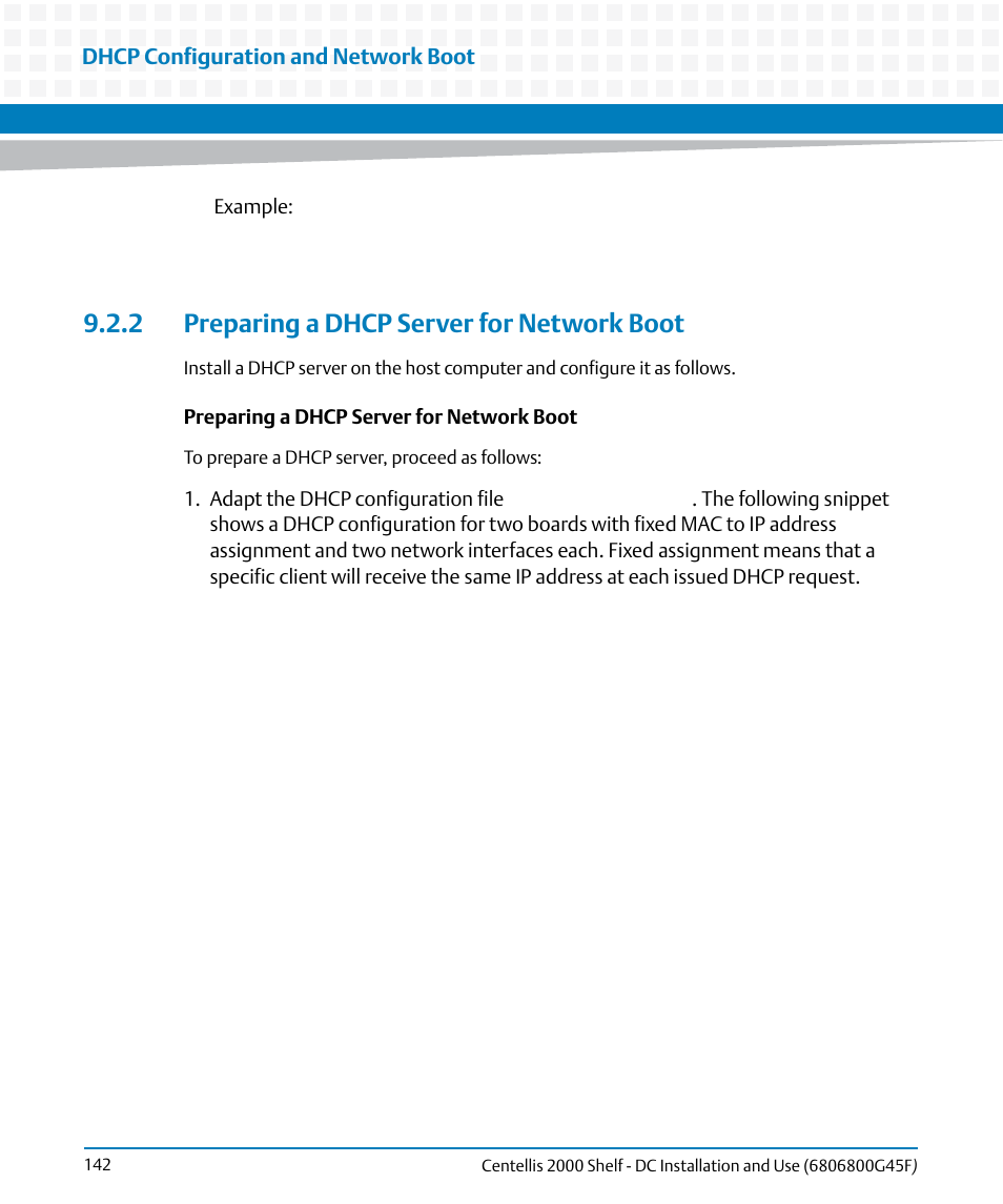 2 preparing a dhcp server for network boot, Dhcp configuration and network boot | Artesyn Centellis 2000 Shelf - DC Installation and Use (June 2014) User Manual | Page 142 / 176