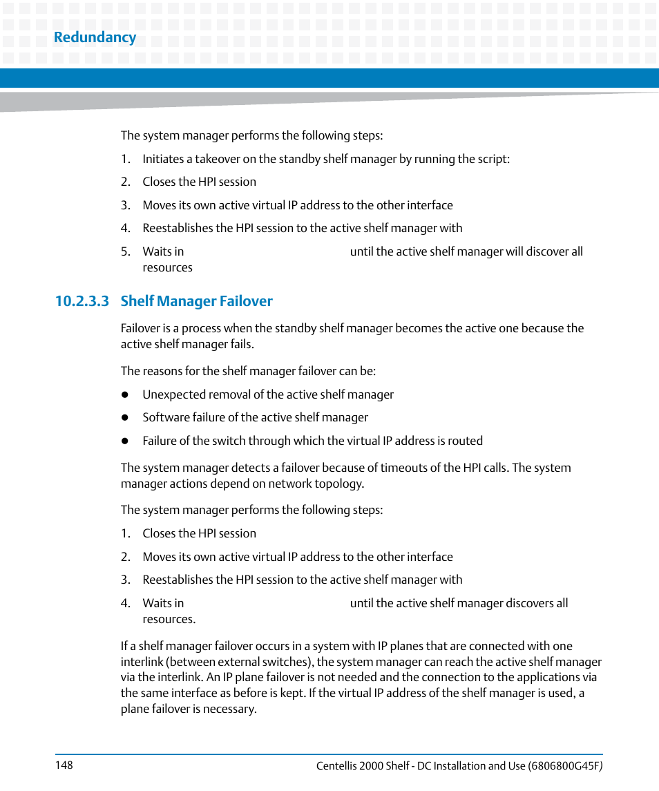 3 shelf manager failover, Redundancy | Artesyn Centellis 2000 Shelf - DC Installation and Use (June 2014) User Manual | Page 148 / 176