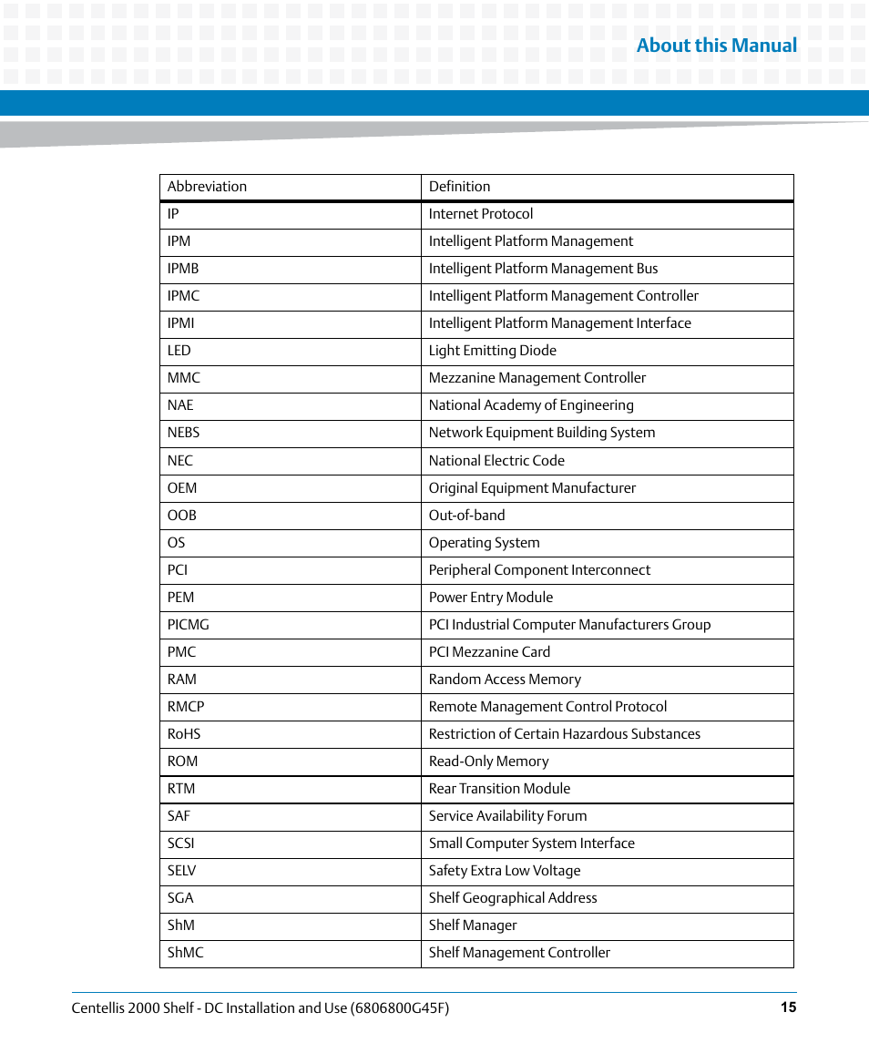 About this manual | Artesyn Centellis 2000 Shelf - DC Installation and Use (June 2014) User Manual | Page 15 / 176
