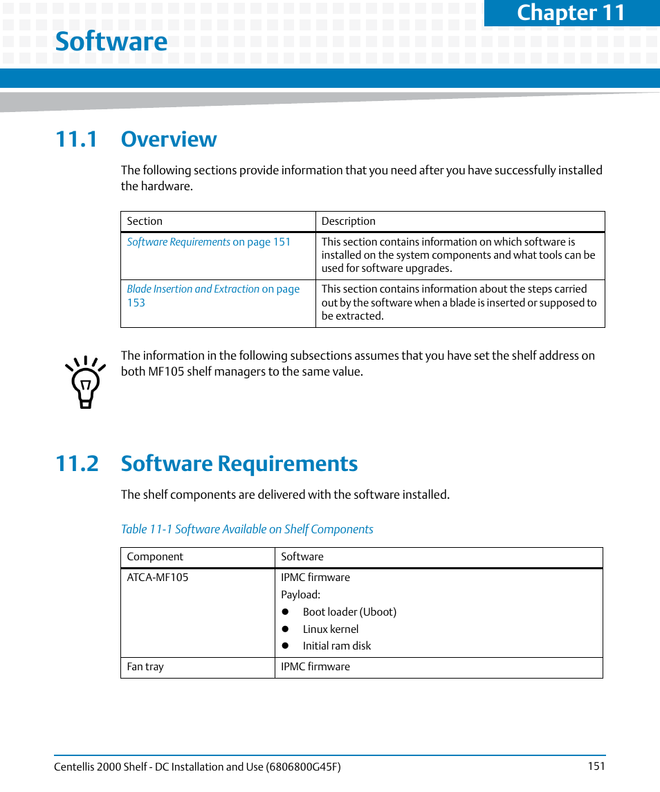 Software, 1 overview, 2 software requirements | 11 software, 1 overview 11.2 software requirements, Table 11-1, Software available on shelf components, Chapter 11 | Artesyn Centellis 2000 Shelf - DC Installation and Use (June 2014) User Manual | Page 151 / 176