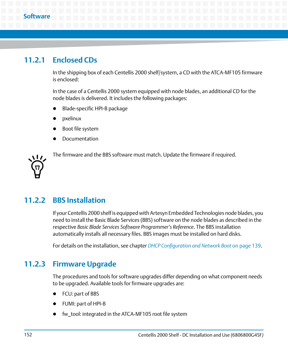 1 enclosed cds, 2 bbs installation, 3 firmware upgrade | Software | Artesyn Centellis 2000 Shelf - DC Installation and Use (June 2014) User Manual | Page 152 / 176