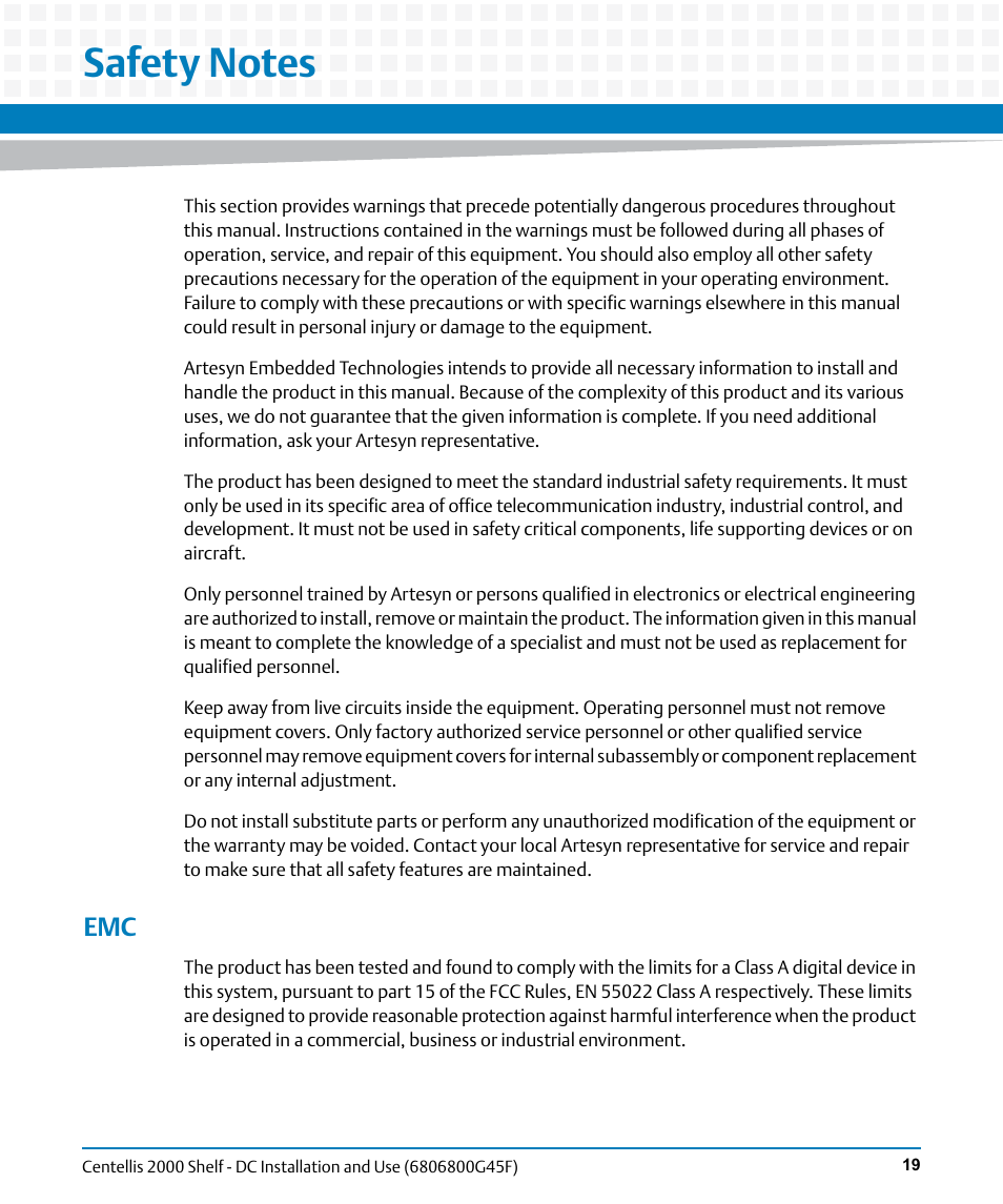 Safety notes | Artesyn Centellis 2000 Shelf - DC Installation and Use (June 2014) User Manual | Page 19 / 176