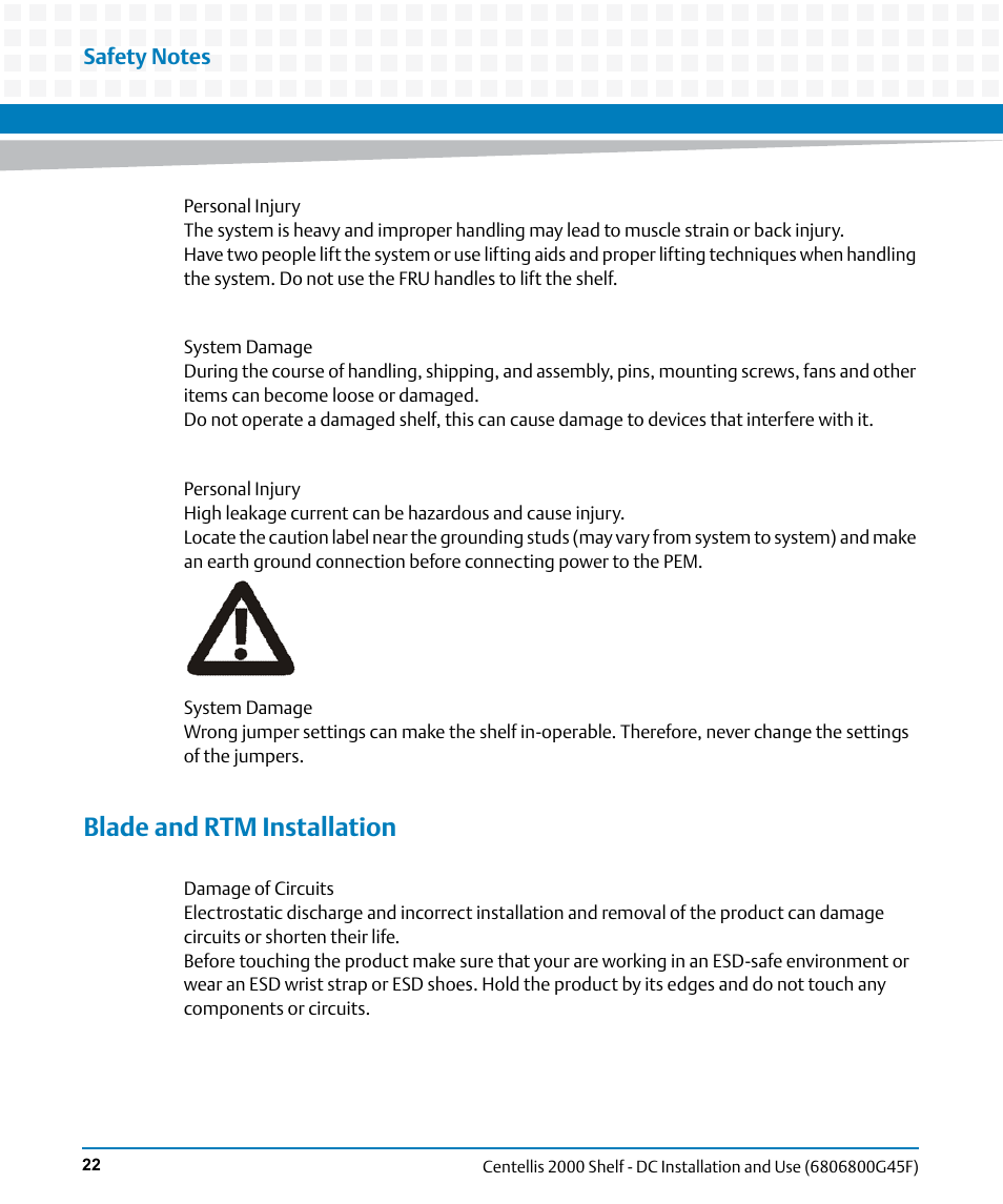 Blade and rtm installation | Artesyn Centellis 2000 Shelf - DC Installation and Use (June 2014) User Manual | Page 22 / 176