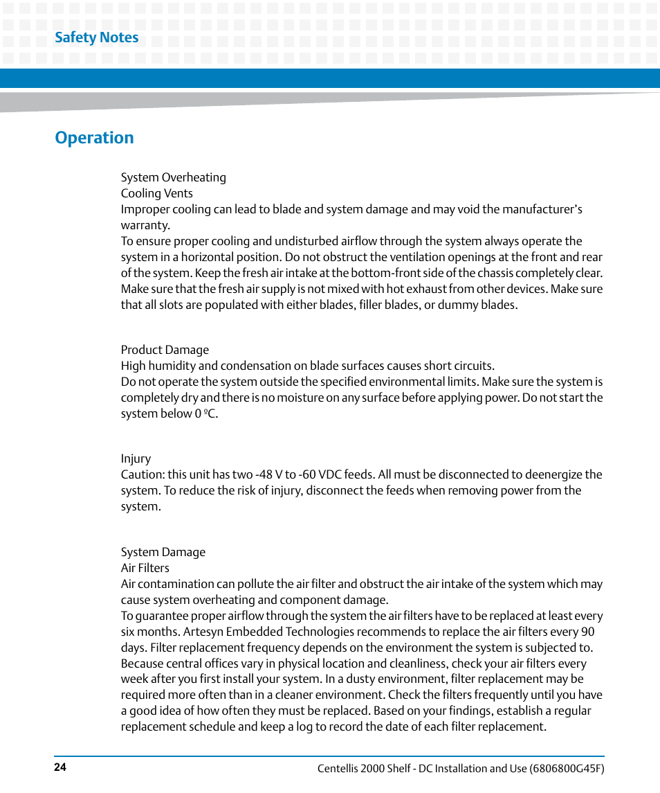 Operation | Artesyn Centellis 2000 Shelf - DC Installation and Use (June 2014) User Manual | Page 24 / 176