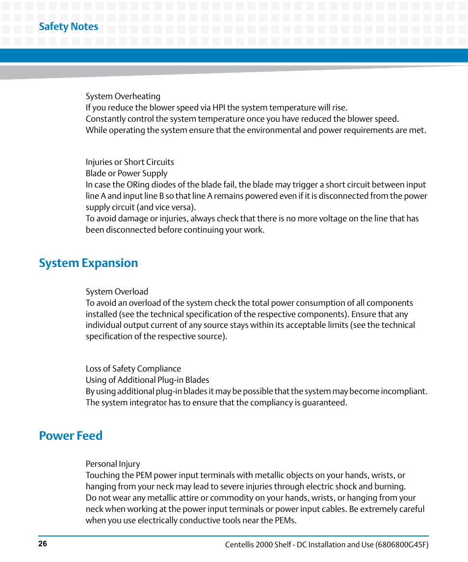 System expansion, Power feed | Artesyn Centellis 2000 Shelf - DC Installation and Use (June 2014) User Manual | Page 26 / 176