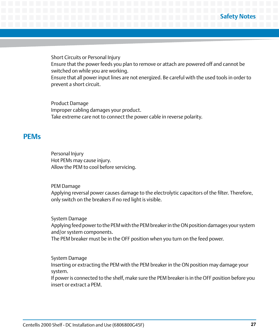 Pems | Artesyn Centellis 2000 Shelf - DC Installation and Use (June 2014) User Manual | Page 27 / 176