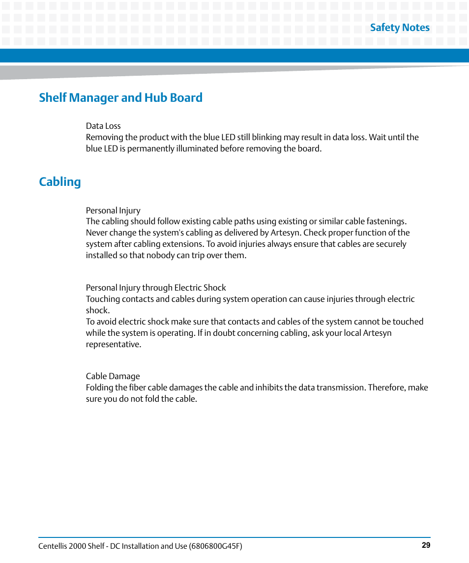 Shelf manager and hub board, Cabling | Artesyn Centellis 2000 Shelf - DC Installation and Use (June 2014) User Manual | Page 29 / 176