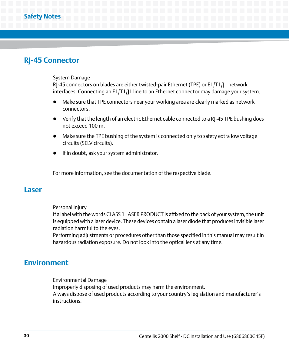 Rj-45 connector, Laser, Environment | Artesyn Centellis 2000 Shelf - DC Installation and Use (June 2014) User Manual | Page 30 / 176