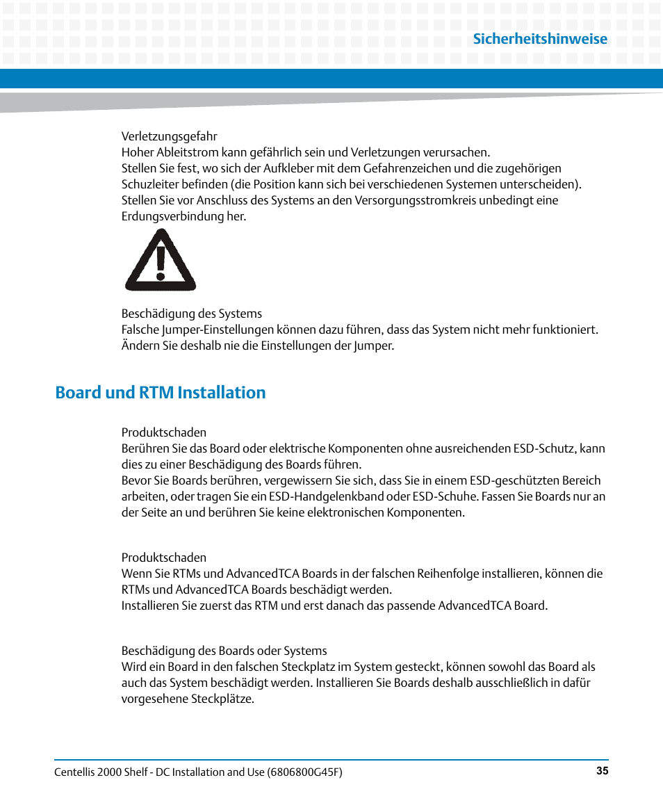 Board und rtm installation, Sicherheitshinweise | Artesyn Centellis 2000 Shelf - DC Installation and Use (June 2014) User Manual | Page 35 / 176