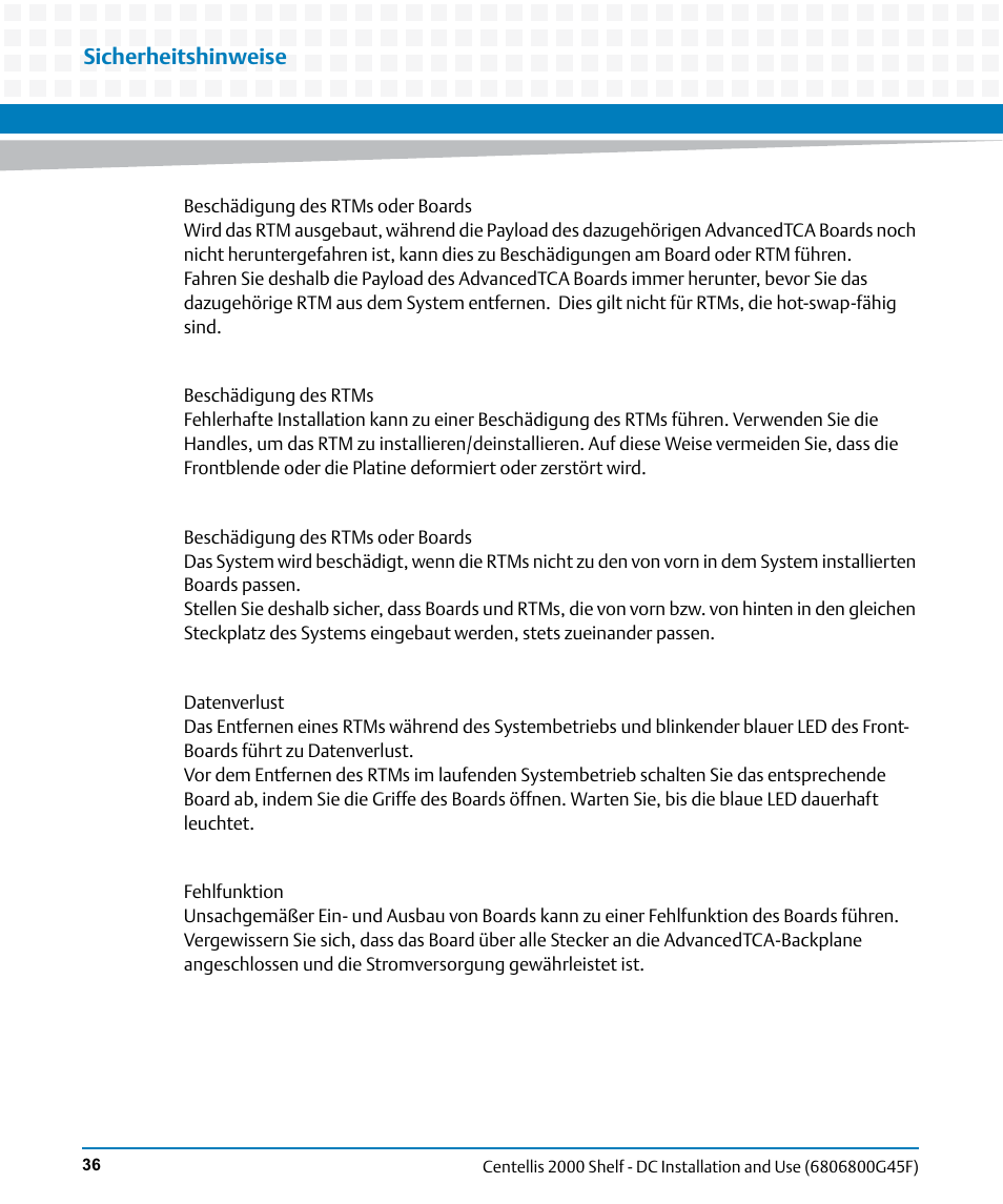 Sicherheitshinweise | Artesyn Centellis 2000 Shelf - DC Installation and Use (June 2014) User Manual | Page 36 / 176