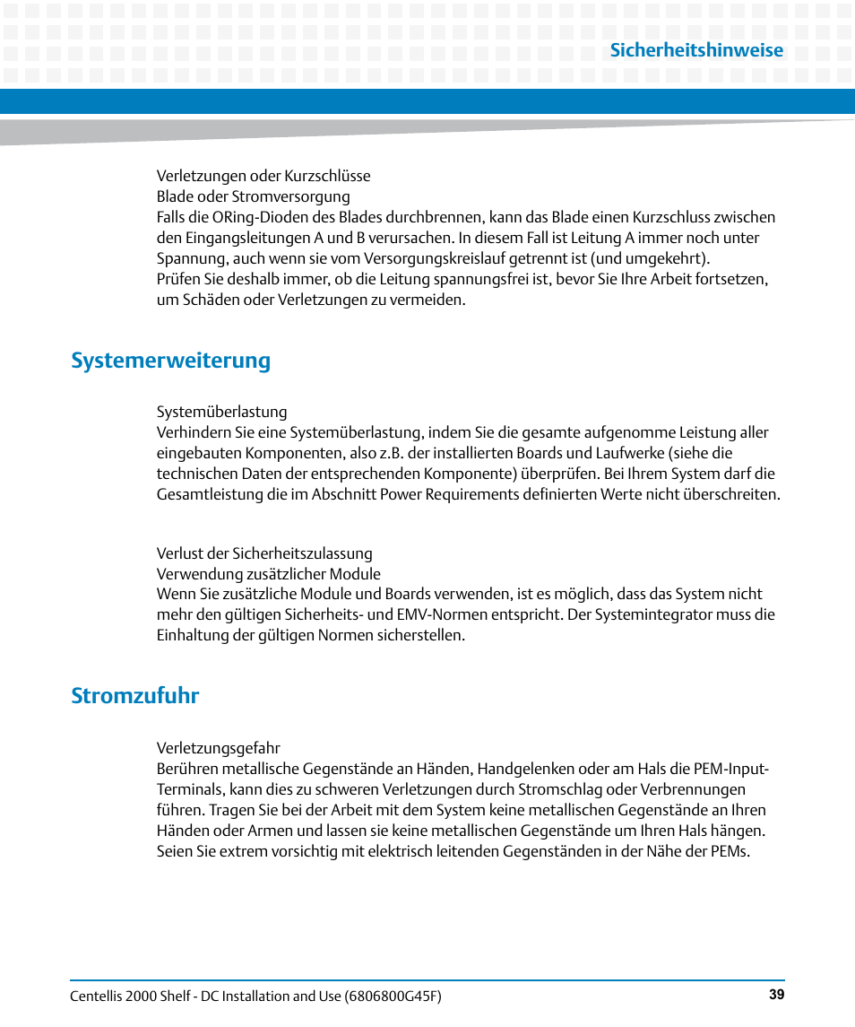 Systemerweiterung, Stromzufuhr | Artesyn Centellis 2000 Shelf - DC Installation and Use (June 2014) User Manual | Page 39 / 176