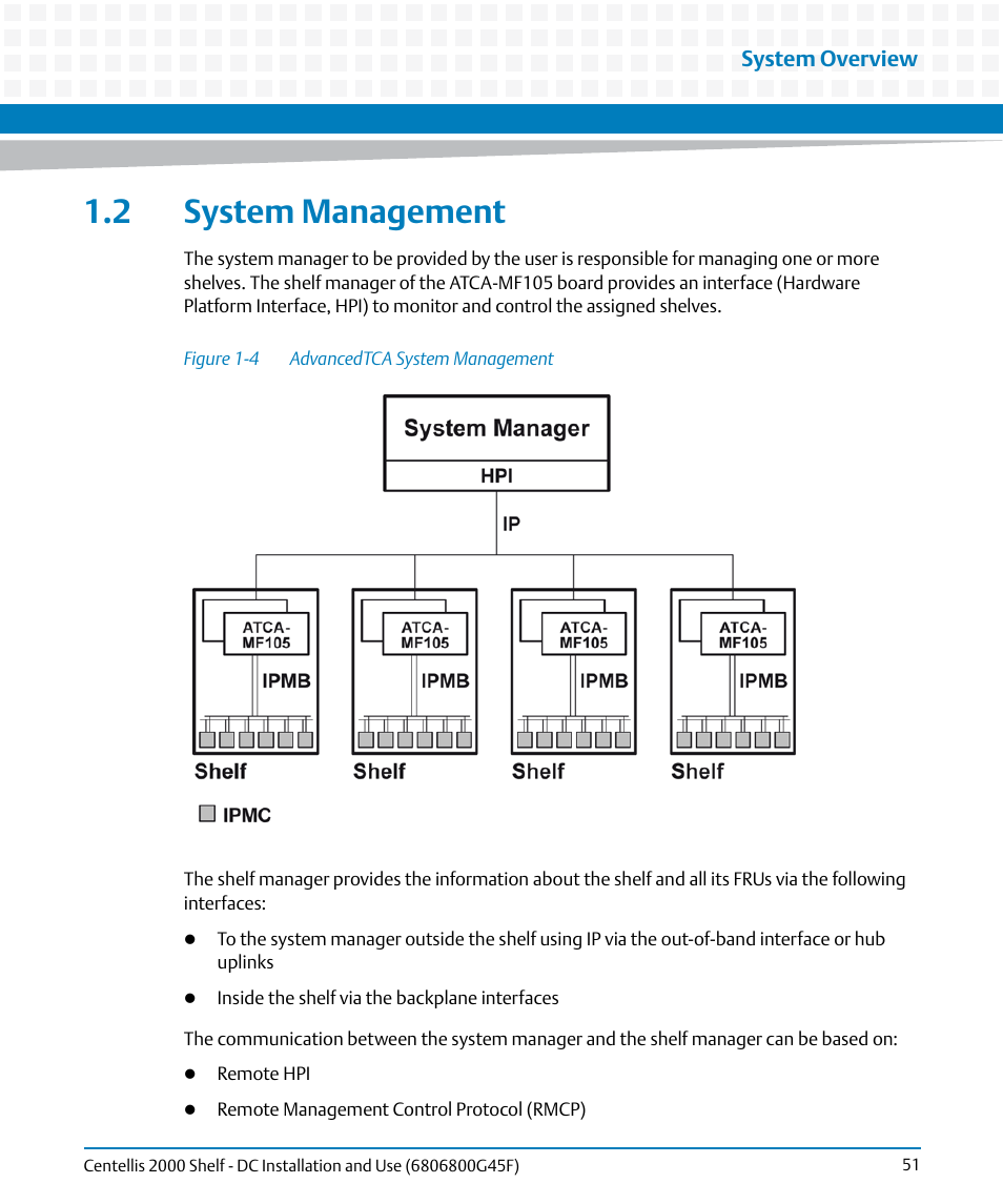 2 system management, Figure 1-4, Advancedtca system management | Artesyn Centellis 2000 Shelf - DC Installation and Use (June 2014) User Manual | Page 51 / 176