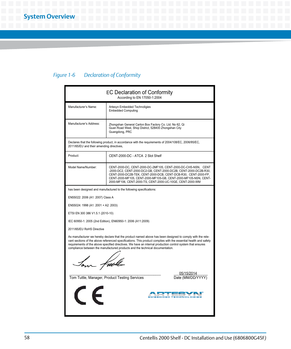 Figure 1-6, Declaration of conformity, System overview | C declaration of conformity, Figure 1-6 declaration of conformity | Artesyn Centellis 2000 Shelf - DC Installation and Use (June 2014) User Manual | Page 58 / 176