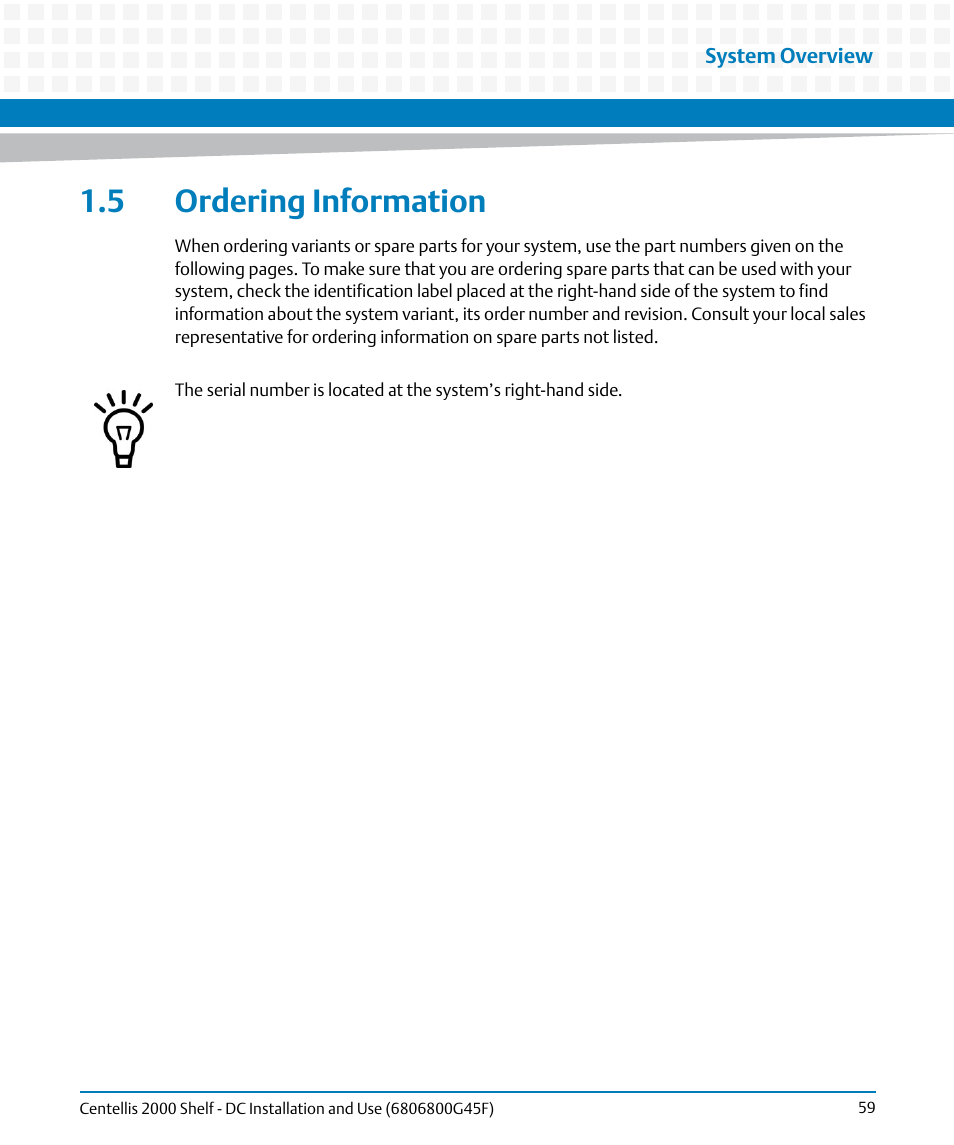 5 ordering information | Artesyn Centellis 2000 Shelf - DC Installation and Use (June 2014) User Manual | Page 59 / 176