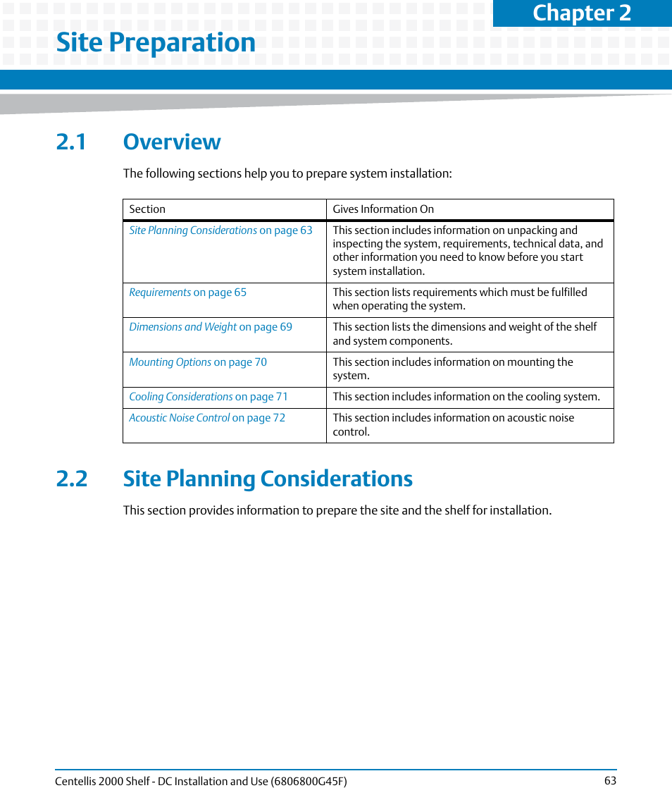 Site preparation, 1 overview, 2 site planning considerations | 1 overview 2.2 site planning considerations, Chapter 2 | Artesyn Centellis 2000 Shelf - DC Installation and Use (June 2014) User Manual | Page 63 / 176