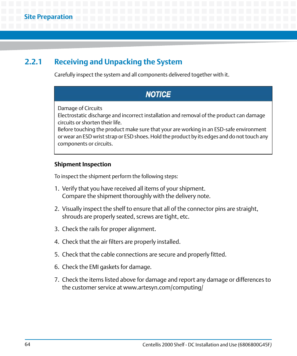 1 receiving and unpacking the system | Artesyn Centellis 2000 Shelf - DC Installation and Use (June 2014) User Manual | Page 64 / 176