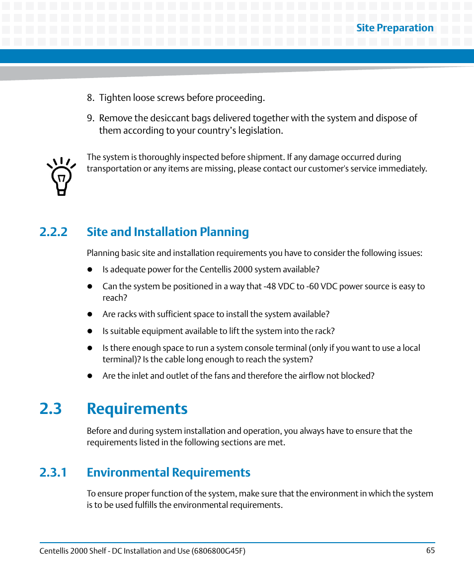 2 site and installation planning, 3 requirements, 1 environmental requirements | Requirements | Artesyn Centellis 2000 Shelf - DC Installation and Use (June 2014) User Manual | Page 65 / 176