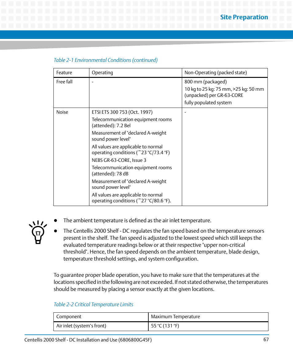 Table 2-2, Critical temperature limits, Site preparation | Artesyn Centellis 2000 Shelf - DC Installation and Use (June 2014) User Manual | Page 67 / 176