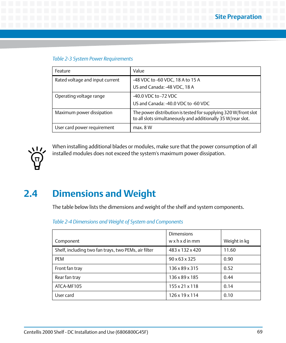 4 dimensions and weight, Table 2-3, System power requirements | Table 2-4, Dimensions and weight of system and components, Dimensions and weight, Site preparation | Artesyn Centellis 2000 Shelf - DC Installation and Use (June 2014) User Manual | Page 69 / 176