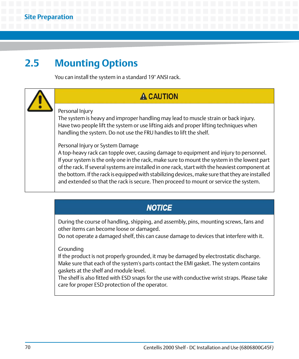 5 mounting options, Mounting options | Artesyn Centellis 2000 Shelf - DC Installation and Use (June 2014) User Manual | Page 70 / 176