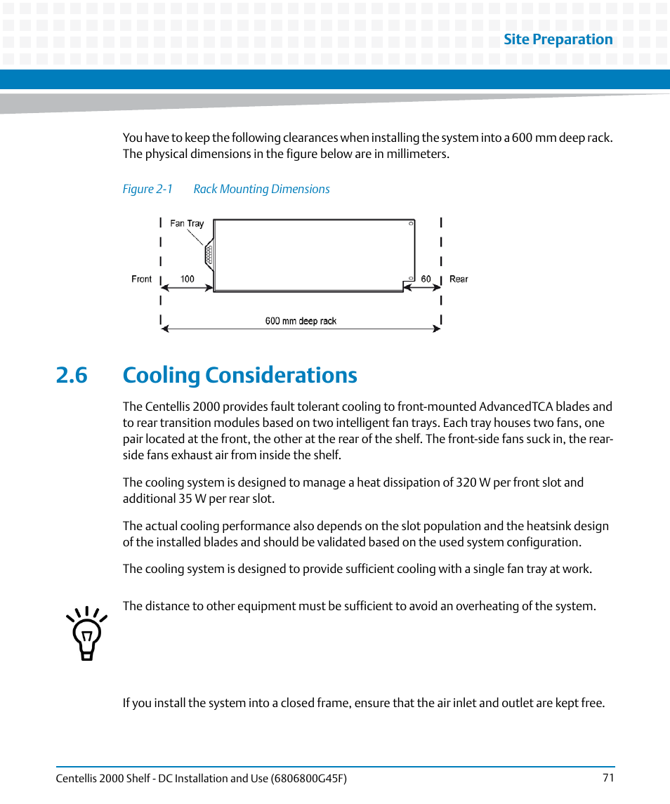 6 cooling considerations, Figure 2-1, Rack mounting dimensions | Cooling considerations | Artesyn Centellis 2000 Shelf - DC Installation and Use (June 2014) User Manual | Page 71 / 176