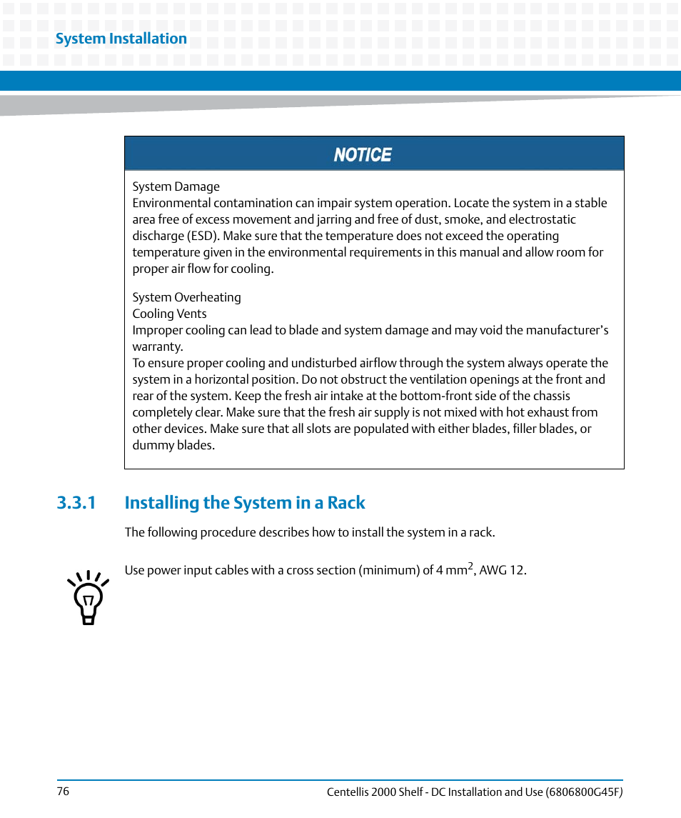 1 installing the system in a rack | Artesyn Centellis 2000 Shelf - DC Installation and Use (June 2014) User Manual | Page 76 / 176