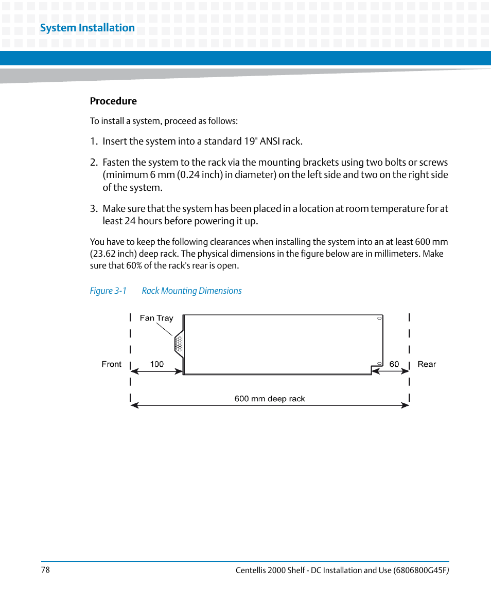 Figure 3-1, Rack mounting dimensions | Artesyn Centellis 2000 Shelf - DC Installation and Use (June 2014) User Manual | Page 78 / 176