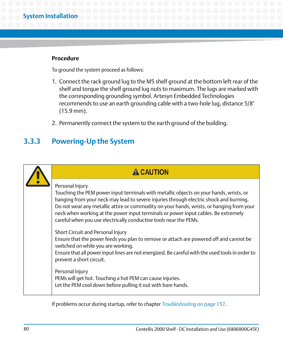 3 powering-up the system | Artesyn Centellis 2000 Shelf - DC Installation and Use (June 2014) User Manual | Page 80 / 176