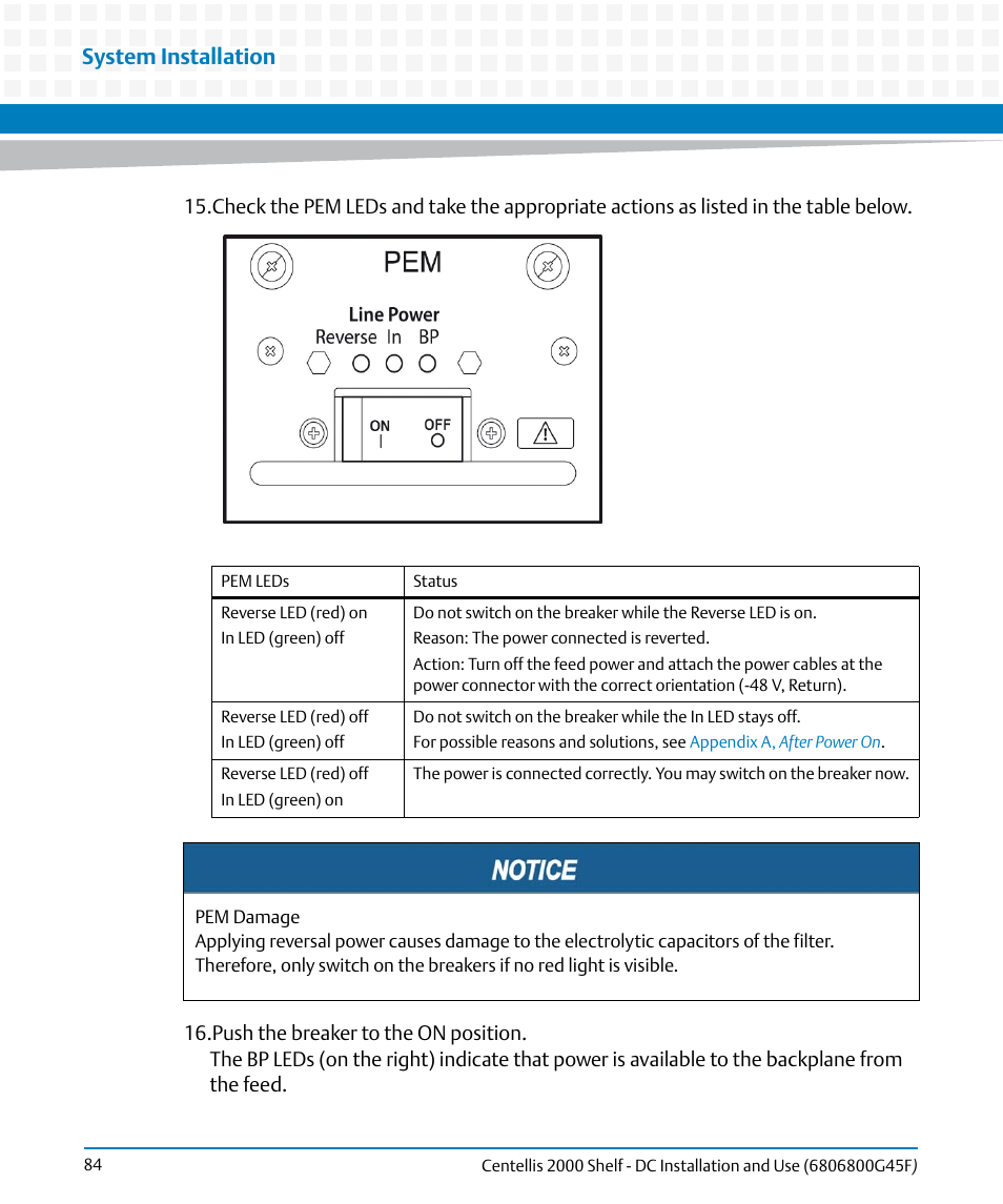 System installation | Artesyn Centellis 2000 Shelf - DC Installation and Use (June 2014) User Manual | Page 84 / 176