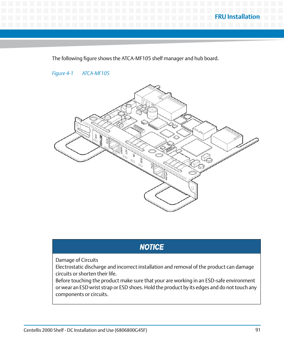 Figure 4-1, Atca-mf105, Fru installation | Artesyn Centellis 2000 Shelf - DC Installation and Use (June 2014) User Manual | Page 91 / 176