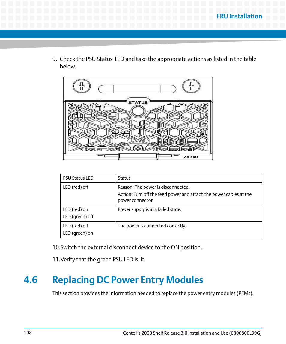 6 replacing dc power entry modules, Replacing dc power entry modules | Artesyn Centellis 2000 Shelf Release 3.0 Installation and Use (May 2014) User Manual | Page 108 / 192