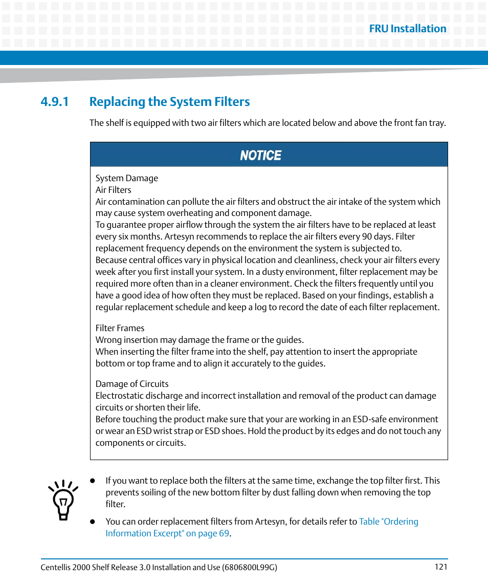 1 replacing the system filters | Artesyn Centellis 2000 Shelf Release 3.0 Installation and Use (May 2014) User Manual | Page 121 / 192