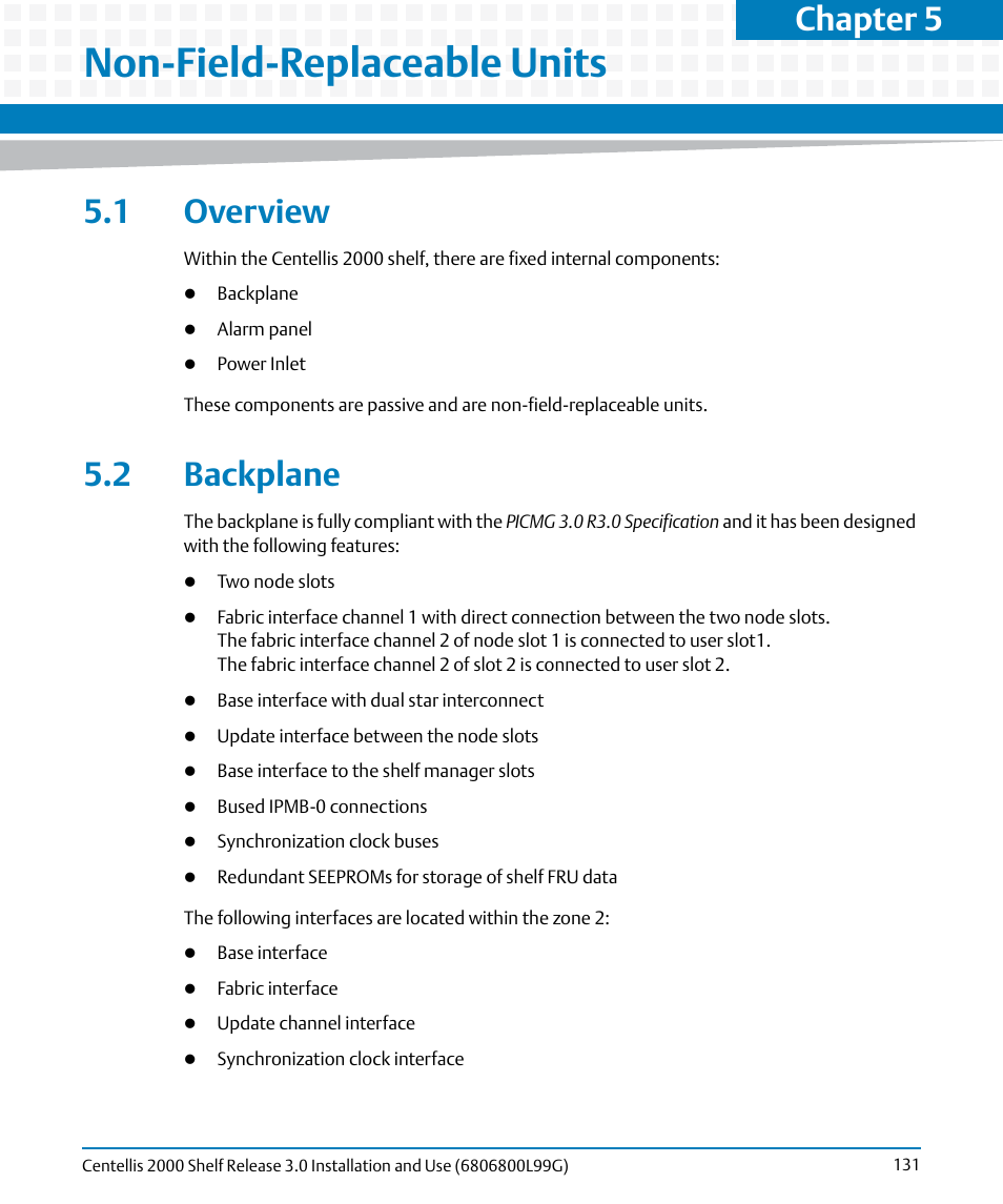 Non-field-replaceable units, 1 overview, 2 backplane | 1 overview 5.2 backplane, Chapter 5 | Artesyn Centellis 2000 Shelf Release 3.0 Installation and Use (May 2014) User Manual | Page 131 / 192